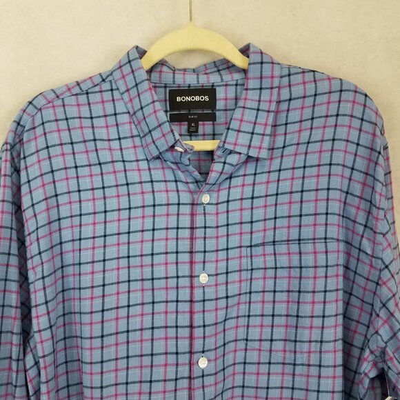 NEW Bonobos Men's XL Slim Fit Long Sleeve Button Up Plaid Shirt Blue - Picture 3 of 11